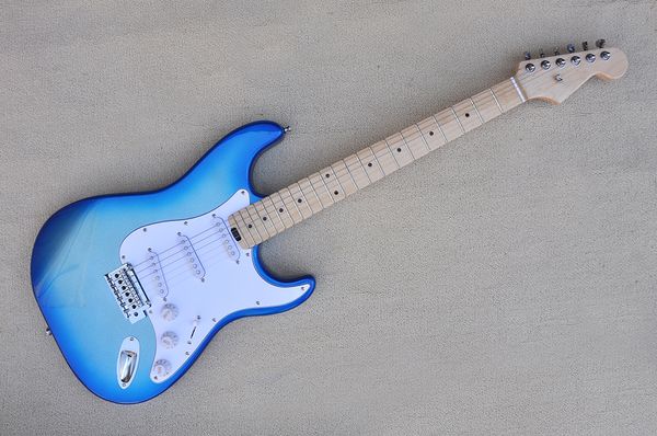 Guitare électrique à corps bleu métallisé, pickguard blanc et manche en érable, micros SSS, fournir des services personnalisés