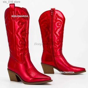 Metallic Boots Woman Cowboy Western Boots for Women 2024 Zip geborduurde puntige teen hakken winterschoenen roze rood goud metaal metaal T230824 bf6ef