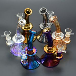 Couleur métallique Verre teintée Bong DAB Hookah Tuyau d'eau Tuyau d'eau 6 pouces Huile Huile de douche PERC RECYCLER BUCLBLER 14MM Homme Bol