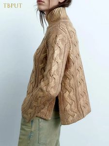 Pull à col roulé en or métallique pour les femmes automne mode lâche à manches longues fendu tricot pull hiver Chic dame tricots de style décontracté 240105
