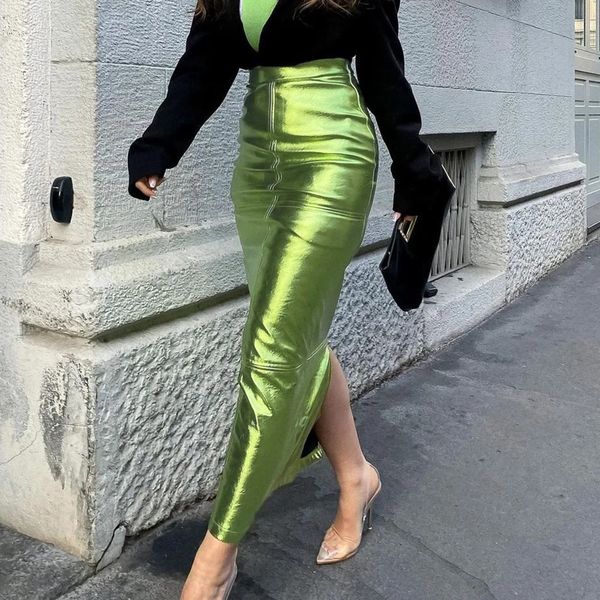 Jupe vert métallisé argent taille haute Aline Pu cuir hanche Midi longue fente Maxi jupes brillantes fête Y2K Grunge Streetwear 240227