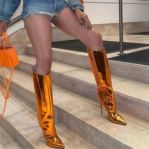 Cuir métallique Femmes Genou Bottes Hautes Talons Stilettos Bout Pointu Mode Femme Parti Chaussures Discothèque Réfléchissant Mujer 211229