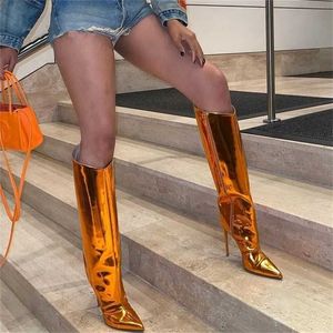 Métallique En Cuir Femmes Genou Bottes Hautes Talons Aiguilles Bout Pointu Mode Femme Parti Chaussures Discothèque Réfléchissant Mujer Bottes 220118