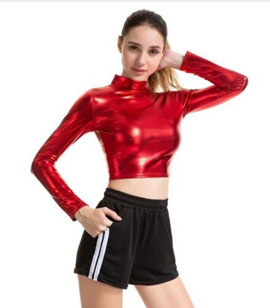 Metálico Lycra spandex oro plata Mujeres Camiseta básica Moda Cuello alto Manga larga Crop Tops Sexy Skinny Camisetas Casual Streetwear