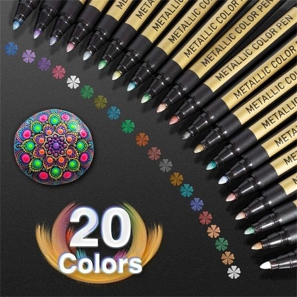 Marqueurs de peinture métallique Ensemble de stylos 20 couleurs Stylo de peinture Marqueurs artisanaux pour peinture sur roche Albums photo Scrapbooking 210226