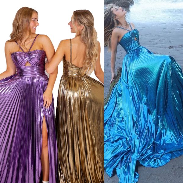 Robe de soirée formelle plissée métallique 2k24 bretelles tressées avec trou de serrure Lady Pageant robe de soirée de cocktail Arabie Saoudite tapis rouge piste drame cravate noire fente haute or