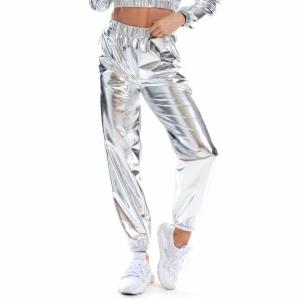 Pantalon de survêtement métallique brillant femme Harem Hip Hop taille haute scintillant Streetwear pantalon élastique mode pantalon holographique # f30 femmes C