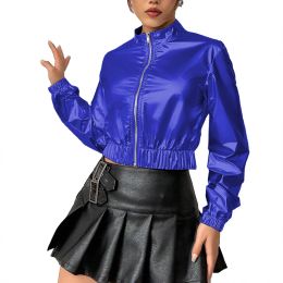 Metálica brillante de manga larga mujeres sexy chaqueta corta con cremallera blusa club slim novedosa femenina top mujeres sexy ropa 7xl