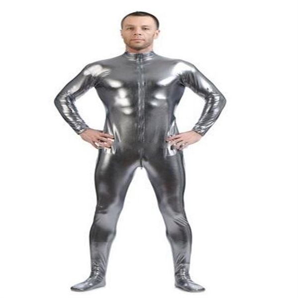 Metallic Silver grey gold Hombres Skin-Tight Dancewear Shiny Metallic Unitard Zentai Suit Front Zip unisex 277t