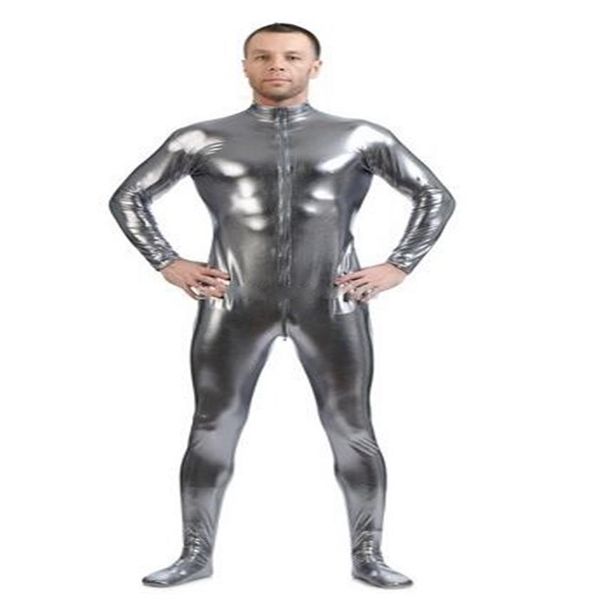 Métallisé Argent gris or Hommes Skin-Tight Dancewear Shiny Metallic Unitard Zentai Suit Front Zip unisex 290n
