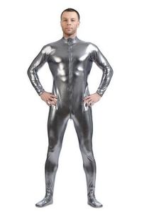 Metallic zilvergrijs goud, herenhuid-strakke dancewear glanzende metalen unitard zentai pak voor ritssluiting, unisex,