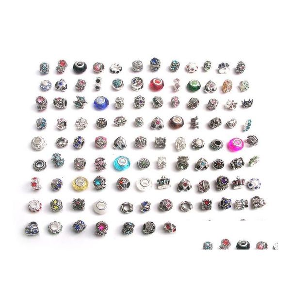 Metales 100 unids / lote Estilo de mezcla Colorf Rhinestone Metal Big Hole Beads Crystal Glass Charms Fit European DIY Pulsera Joyería Drop Deliv Dhxog