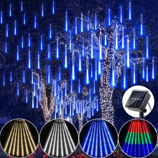 Cadena de luces LED de lluvia de meteoros, luces solares, guirnalda de calle, decoración de árbol de Navidad, luces de jardín impermeables para exteriores de Año Nuevo