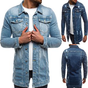 MeterMall hommes mode déchiqueté Denim veste effiloché mince moyen Long Cowboy manteau pardessus