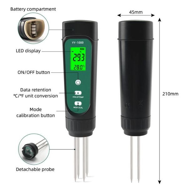 Testeur de kit de test de sol de sonde d'affichage à LED de mètres 35ED pour la conductivité de température d'humidité de ferme de jardin 3 en 1