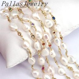 Mètres Est perle d'eau douce naturelle colorée chaîne CZ perles de chapelet remplies d'or pour collier Bracelet chaînes 280a
