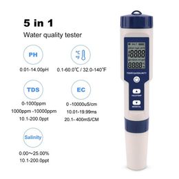Meter Professionele Digitale Water Tester 5 In 1 PH TDS EC Zoutgehalte Temperatuur Pen Waterdichte Multifunctionele Meter302W
