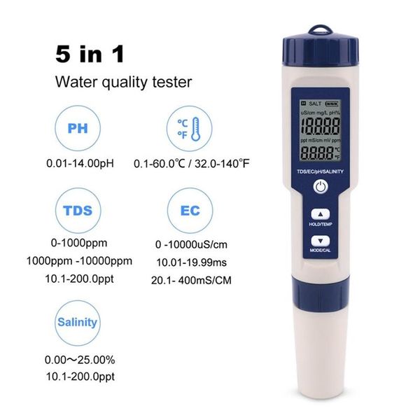 Medidores Probador de agua digital profesional 5 en 1 PH TDS EC Bolígrafo de temperatura de salinidad Impermeable Multifunción Meter302W