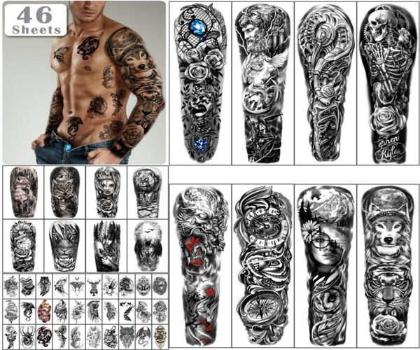 Metershine 46 feuilles pleines et demi-bras imperméables faux tatouages ​​autocollants pour hommes femmes fille express body épaule poitrine ne8999167
