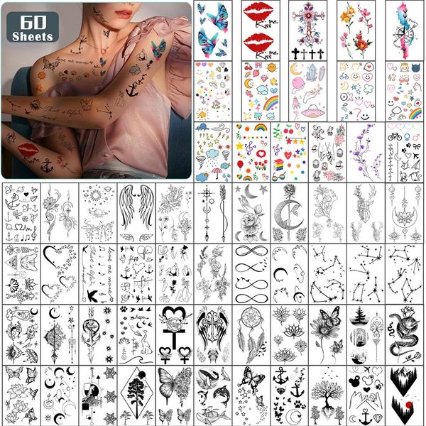 Metershine 60 hojas pequeñas pegatinas de tatuaje temporal impermeables de imágenes únicas o tótem para niñas, hombres y mujeres 258s