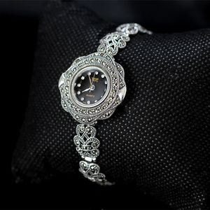 MetJakt Vintage Quartz Bracelet Watch with Zircon Solid 925 Sterling Silver Bracelet for Women's Thai Silver Jewelry