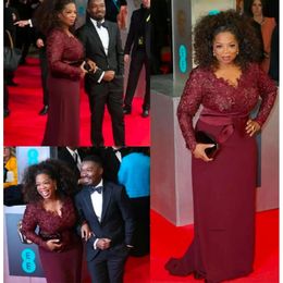 Mew Oprah Winfrey Bury Bury Long Sheeves Sexy Mother of the Bride Dresses V-Neck Sheer Lace Sheath Plus Size Celebrity Red Carpet Jurets 0509