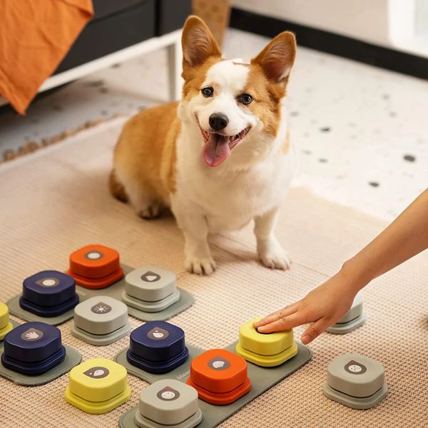 MEWOOFUN Chien Bouton Enregistrer Parler Communication pour Animaux de Compagnie Entraînement Vocal Jouet Interactif Sonnerie de Cloche avec Coussinet et Autocollant Facile à Utiliser