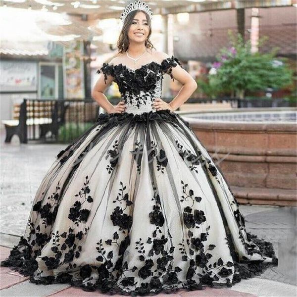 Mexicain Noir 3D Florals Quinceanera Robes Charro 2024 Luxe Fleur Robes De XV 15 Anos Photoshoot Cheval Seize Robe De Fête D'anniversaire Doux 16 Bal Robe Formelle