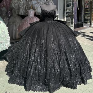 Robes de quinceanera noire mexicaine robe de bal en dentelle en cristal perlé appliques douce 16 robe princesse lacet up vestido de 15 anos