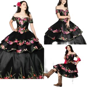 Robes De Quinceanera noires mexicaines Charro avec jupe amovible, broderie colorée, robes De 15 ans XV courtes 2 en 1, robes De fête d'anniversaire, douces 16 robes De Gala