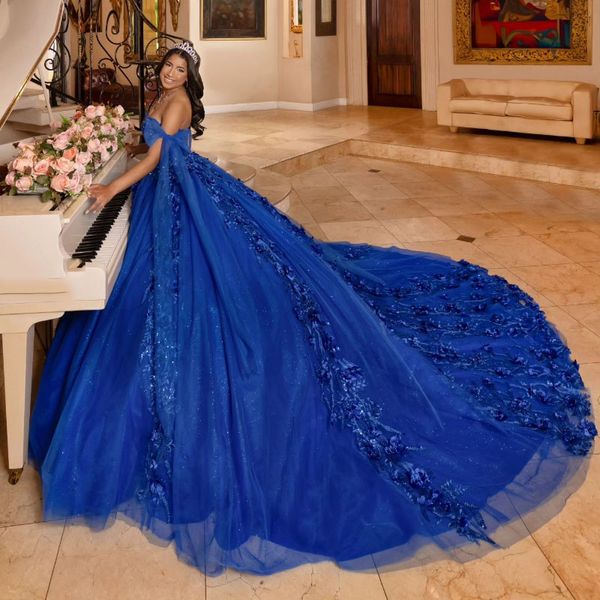 Vestido para quinceañeras de 16 años con hombros descubiertos, azul mexicano, dulce 16, apliques de encaje, cuentas de Tull, vestido de fiesta con cordones vstidos 15 de