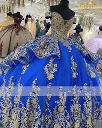 Vestidos De quinceañera real azul mexicano Vestido De baile apliques De cuentas doradas dulce 16 Vestido De princesa con cordones Vestido De 15 Anos