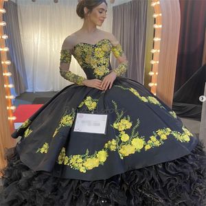 Mexicain Charro Noir Quinceanera Robe 2023 Organza Ruffles Sweet 15 Anniversaire Robe À Lacets Vestidos De XV Anos Fleur De Bal Fête D'anniversaire Debutante Vestios 15 anos