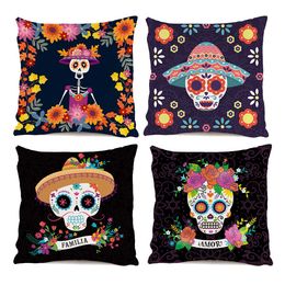 Journée mexicaine des morts 4pcs Skull roses jet coussin couverte couverte des taies d'oreiller 45 * 45cm de décoration intérieure