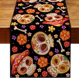 Día mexicano de la mesa de lino muerta corredor de la cocina decoración de la mesa de la mesa del cráneo de azúcar para la decoración de la mesa de la fiesta