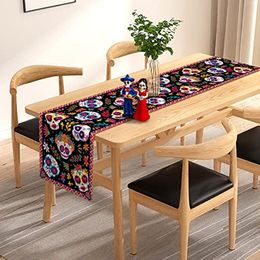 Chemin de table mexicain en lin pour le jour des morts, décoration de table à manger de cuisine, chemin de table en forme de crâne en sucre pour table à manger, décoration de fête 33 x 183 cm