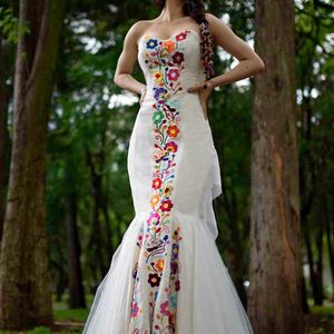 Broderie mexicaine Robe de mariée sirène florale vintage longue satin robes nuptiales chérie lacet up up Plus taille vestido de novia