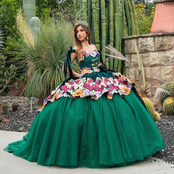 Mexican Emerald vert brillant robes de quinceanera couleur 3d applique florale anniversaire princesse formelle sweet 15 16 robes de bal Vestidos xv