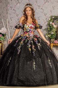 Mexicaanse glitter Zwarte lovertjes Quinceanera -jurken met geborduurde bloemige kant -appliques van de schouderprinses Sweet 16 -jurk voor meisjes Vestidos de 15 anos
