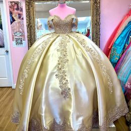 Vestidos de quinceañera brillantes de oro mexicano, apliques de flores 3D, Vestidos de baile formales de princesa para cumpleaños, Vestidos XV Anos 15