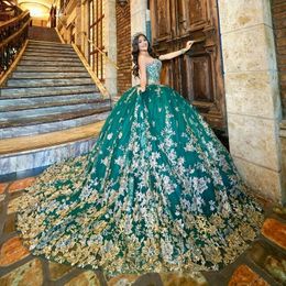 Green Quinceanera Green Robes Robe de bal Gold Per perle en dentelle Tul Sweet 16 Robe Princess Lace Up Vestido de 15 Anos