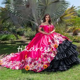 Robes de quinceanera noire de rose vif mexicain Charro Vestio de 15 Quinceanera XV Anos Seize Masquerade Ruffles Ruffles Birthday Party Robes 2024 Fleurs Pageant Robe