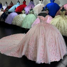 Mexicain rose brillant Applique dentelle hors de l'épaule 15 ans robe de Quinceanera doux 16 robe robe de soirée à lacets vstidos de gala