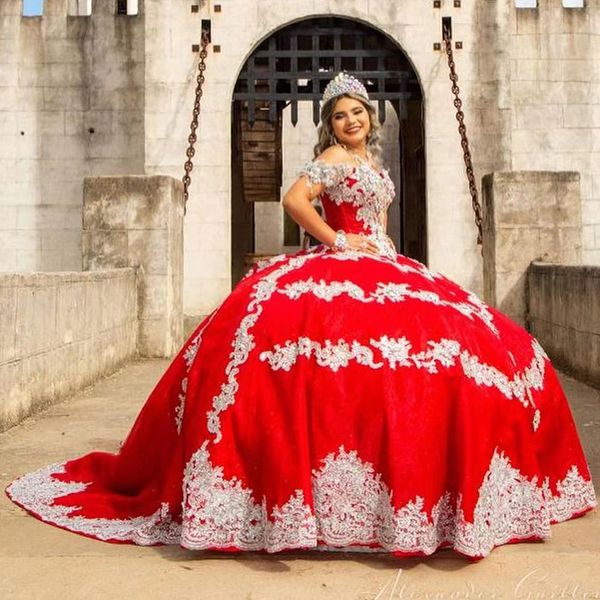 Vestidos de quinceañera de princesa mexicana con hombros descubiertos, vestido de baile con cordones, vestido dulce de 16, vestido de encaje rojo y blanco, vestidos de 15 anos