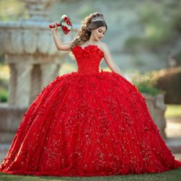 Rosso messicano fuori dalla spalla Abito da quinceanera di 15 anni 2024 perle in pizzo Applique Sweet 16 vestito da festa in pizzo Vstidos de