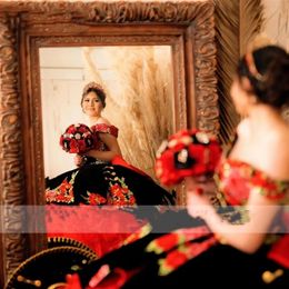 Mexicaanse Rode Ruches Zwart Veet Quinceanera Jurken Vintage Charro Vestidos 15 Anos 2023 Grote Boog Verlovingsfeest 322