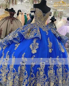 Robe De Quinceanera bleu Royal mexicain, robe De bal en dentelle perlée dorée, avec des Appliques, douce 16, robe princesse à lacets, 15 ans
