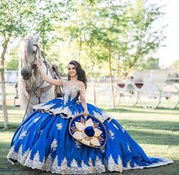 Robes de Quinceanera bleu royal mexicain hors épaule Appliques balayage train corset à lacets bal doux 16 fille Vestidos De 15 Anos