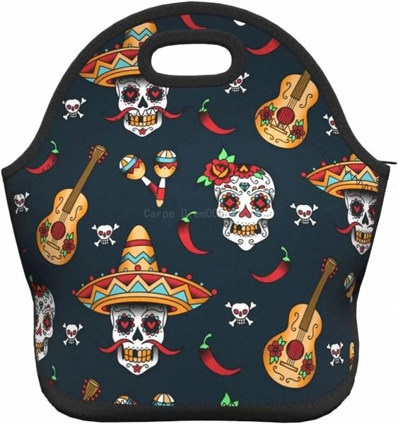 Bolsa de almuerzo de neopreno con calavera mexicana/caja de almuerzo/bolsa de almuerzo/bolsas de picnic con aislamiento, organizador de viaje, oficina de trabajo escolar Y1In #