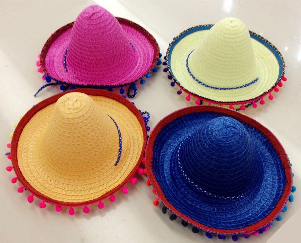 Chapeaux d'été mexicains pour enfants, chapeau de paille à large bord, accessoires de danse, pompon, accessoire de fête